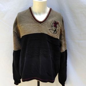 Vintage Sutter and Grant golf sweater, great embroidery, tan & garnet, L